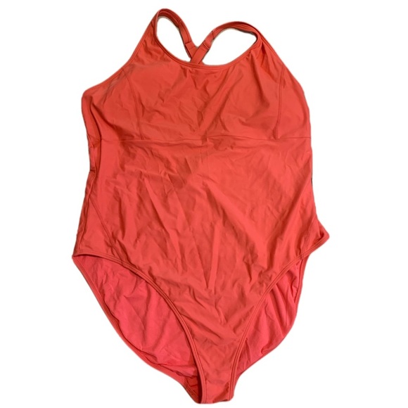 Lolë Salmon Pink V-Neck Criss-Cross Back One-Piece Swimsuit - Size 16 - Picture 1 of 7